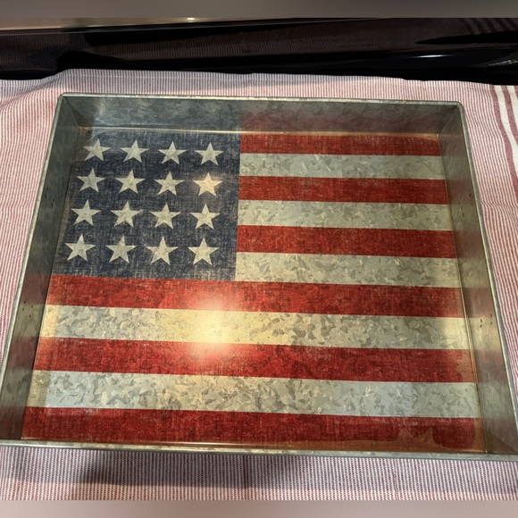 New Pottery Barn Galvanized Americana /Flag Metal DecorativeTray with Handles #1 - Picture 2 of 7